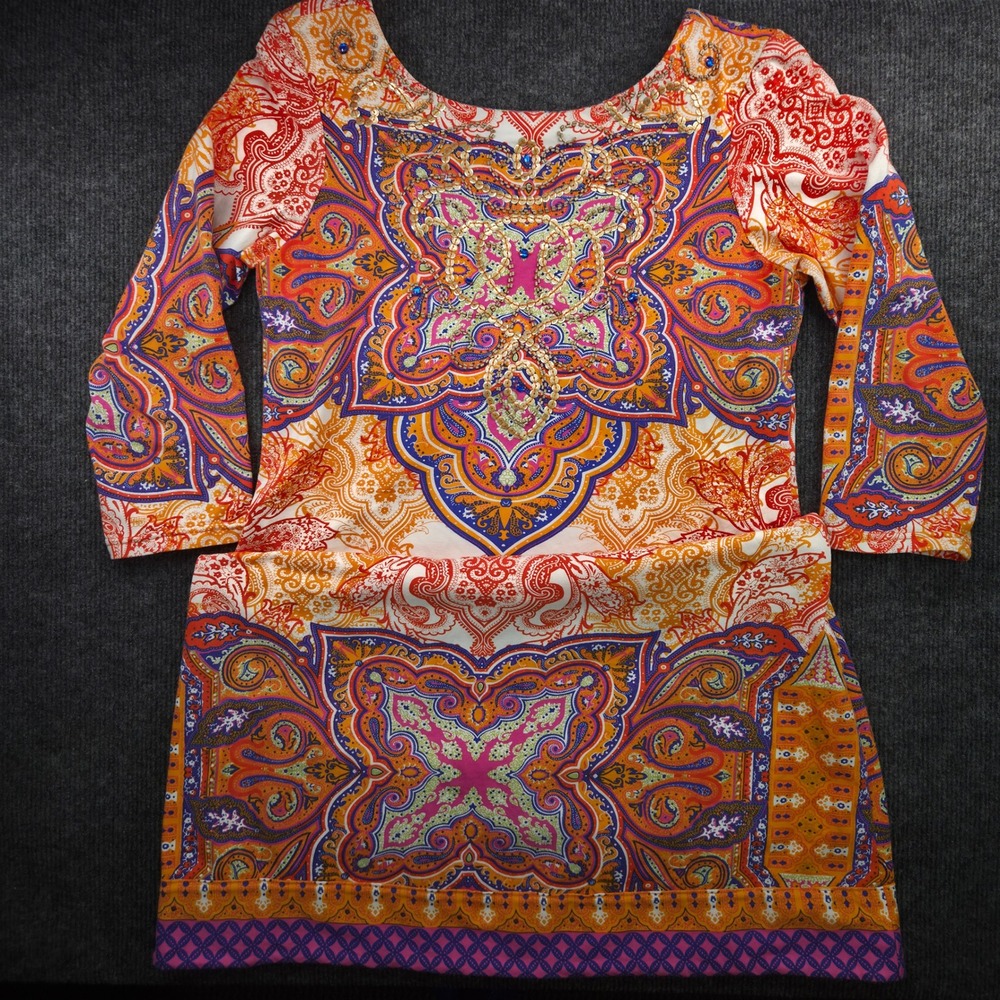 Joyous & Free Tunic Womens Medium Orange Paisley Sequin 3/4 Sleeve Boho Top